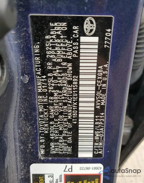 2014 Toyota Camry Hybrid z USA, uszkodzony, nr VIN 4T1BD1FK1EU115892